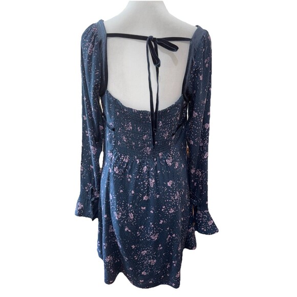Free People Tess Mini Dress Boho Floral Lace Trim Velvet Tie Long Sleeve Blue L - Picture 6 of 12